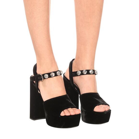 MIU MIU Embellished Velvet Platform Sandals - 36.5 (6.5) - Nero - Picture 6 of 6